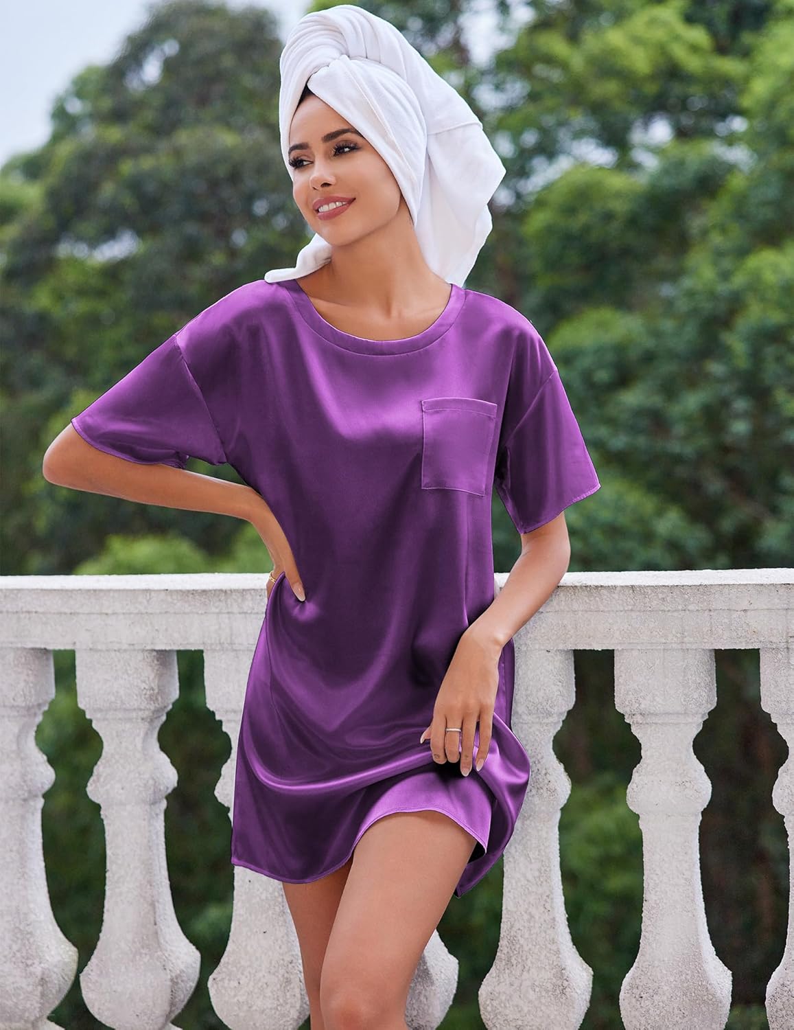 Ekouaer Silk Sleep Shirts for Women Satin Nightshirt Tshirt Nightgown Short Sleeve Sleepwear Round Neck Shirt Dress With Chest Pocket Bright Purple S - Image 2