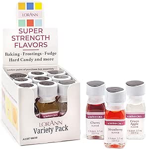 LorAnn SS Variety pack, 1 dram (.125 fl oz - 3.7ml - 1 teaspoon) bottles - 12 pack, includes 1 bottle each of: cake batter, cherry, cinnamon, cotton candy, grape, green apple, lemon, peppermint, pineapple, raspberry, strawberry, and watermelon.