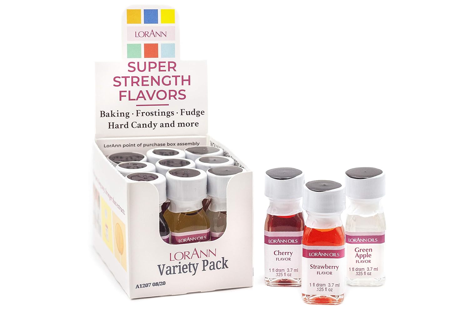 LorAnn SS Variety pack, 1 dram (.125 fl oz - 3.7ml - 1 teaspoon) bottles - 12 pack, includes 1 bottle each of: cake batter, cherry, cinnamon, cotton candy, grape, green apple, lemon, peppermint, pineapple, raspberry, strawberry, and watermelon.