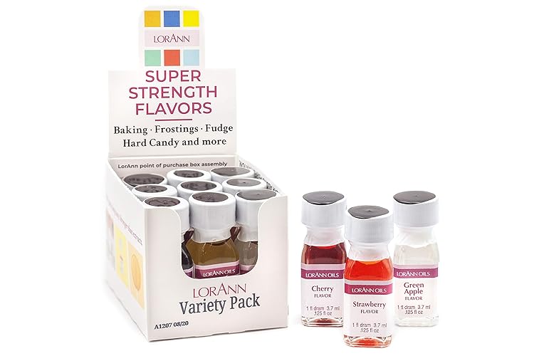 LorAnn SS Variety pack, 1 dram (.125 fl oz - 3.7ml - 1 teaspoon) bottles - 12 pack, includes 1 bottle each of: cake batter, cherry, cinnamon, cotton candy, grape, green apple, lemon, peppermint, pineapple, raspberry, strawberry, and watermelon.