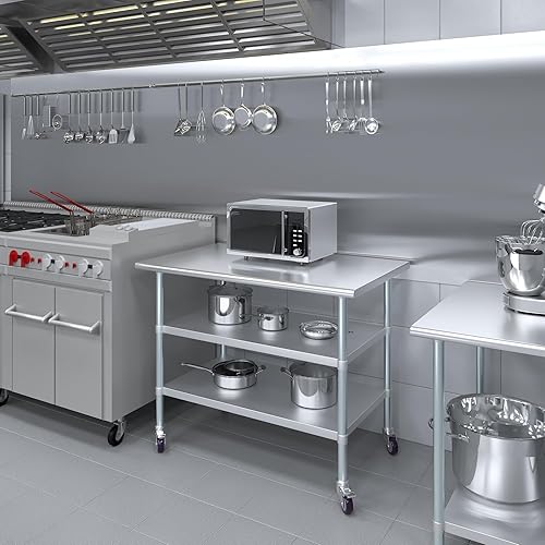 Miniatura 5 de AmGood Mesa de trabajo de acero inoxidable con 2 estantes y ruedas  Mesa de trabajo de metal con ruedas (mesa de trabajo de acero inoxidable con 2