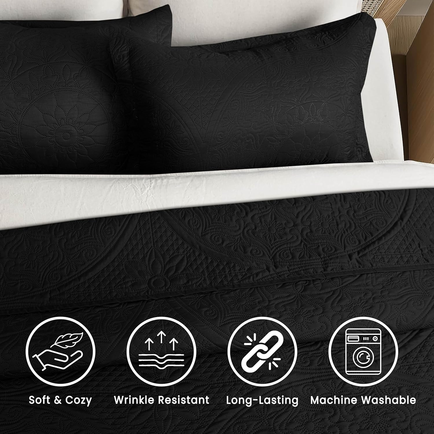 Quilt Bedding Set Lightweight Microfiber Bedspread with Pillow Shams - Oversize Reversible Coverlet Embossed Quilt Bed Cover for All Season (Black, Full/Queen)