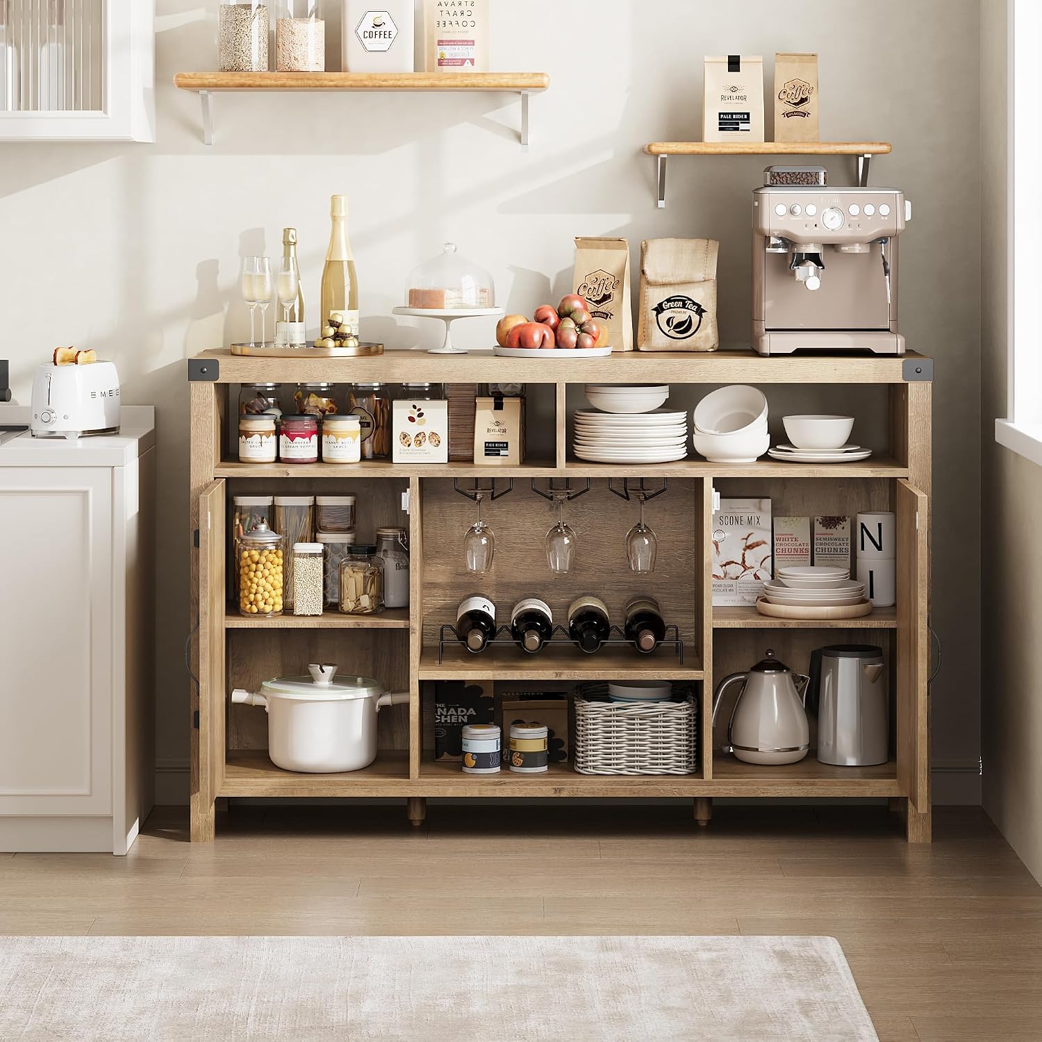 GAOMON Sideboard with Door-Equipped Kitchen Storage, Rattan Coffee Bar Cabinet, Modern Liquor Cabinet with Wine Racks, Ideal for Dining Room, Living Room & Home Beverage Storage, Wood Color