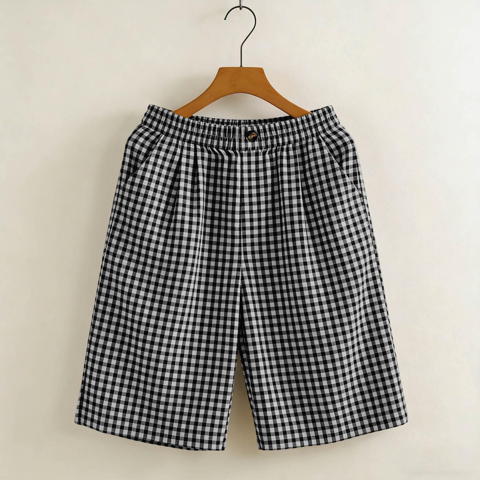 Short Long Vichy pour Femme avec Cordon De Serrage Taille élastique Short Large avec Poches Uni Coupe Ample Longueur Genou Bermuda D'été Décontracté pour Femme Coton