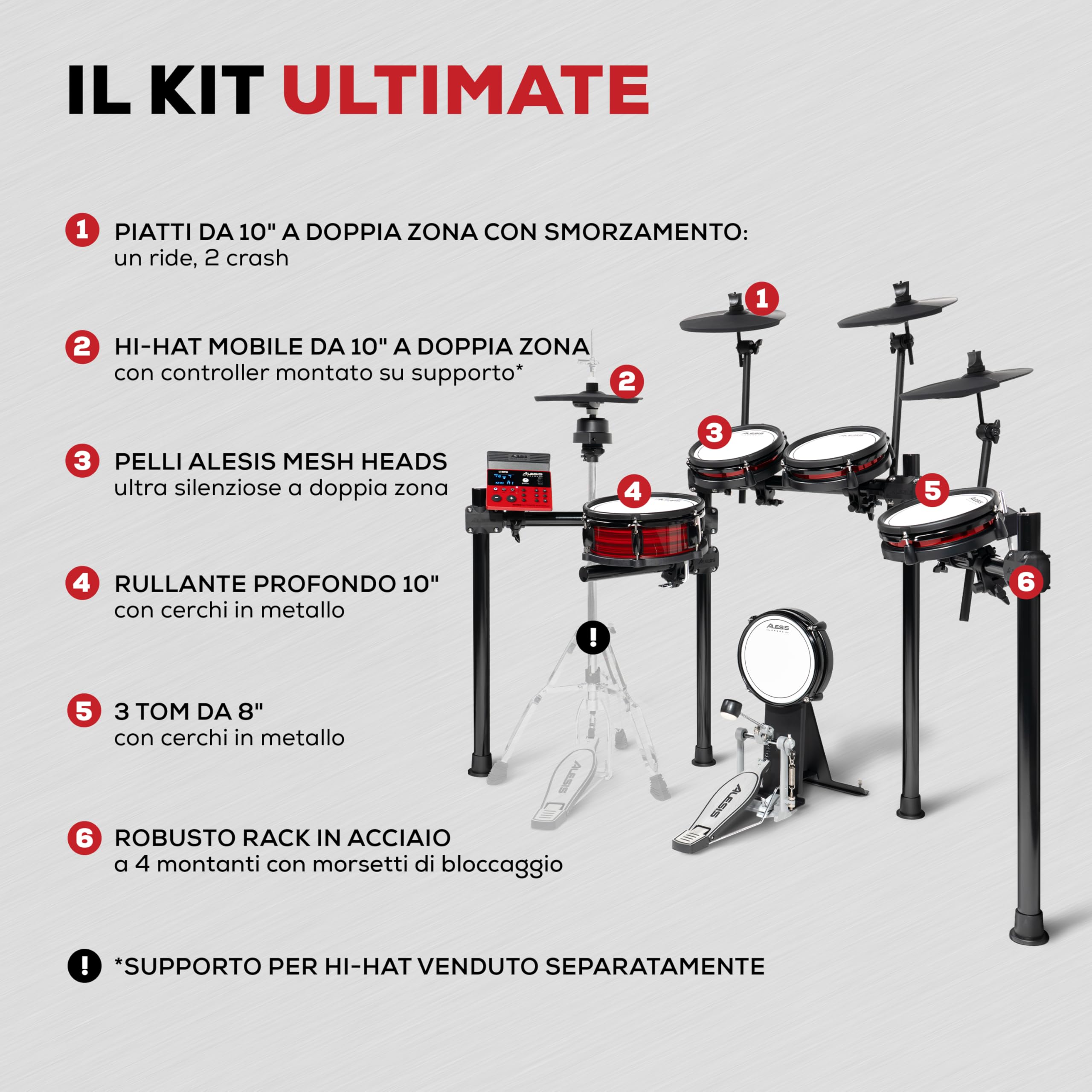 Alesis Nitro Ultimate Batteria Elettronica | Rullante 10" e Tom 8" Dual-Zone, Hi-Hat Mobile 10", 640+ Suoni BFD, Bluetooth, Drumeo, MIDI, Compatible con Doppio Pedale