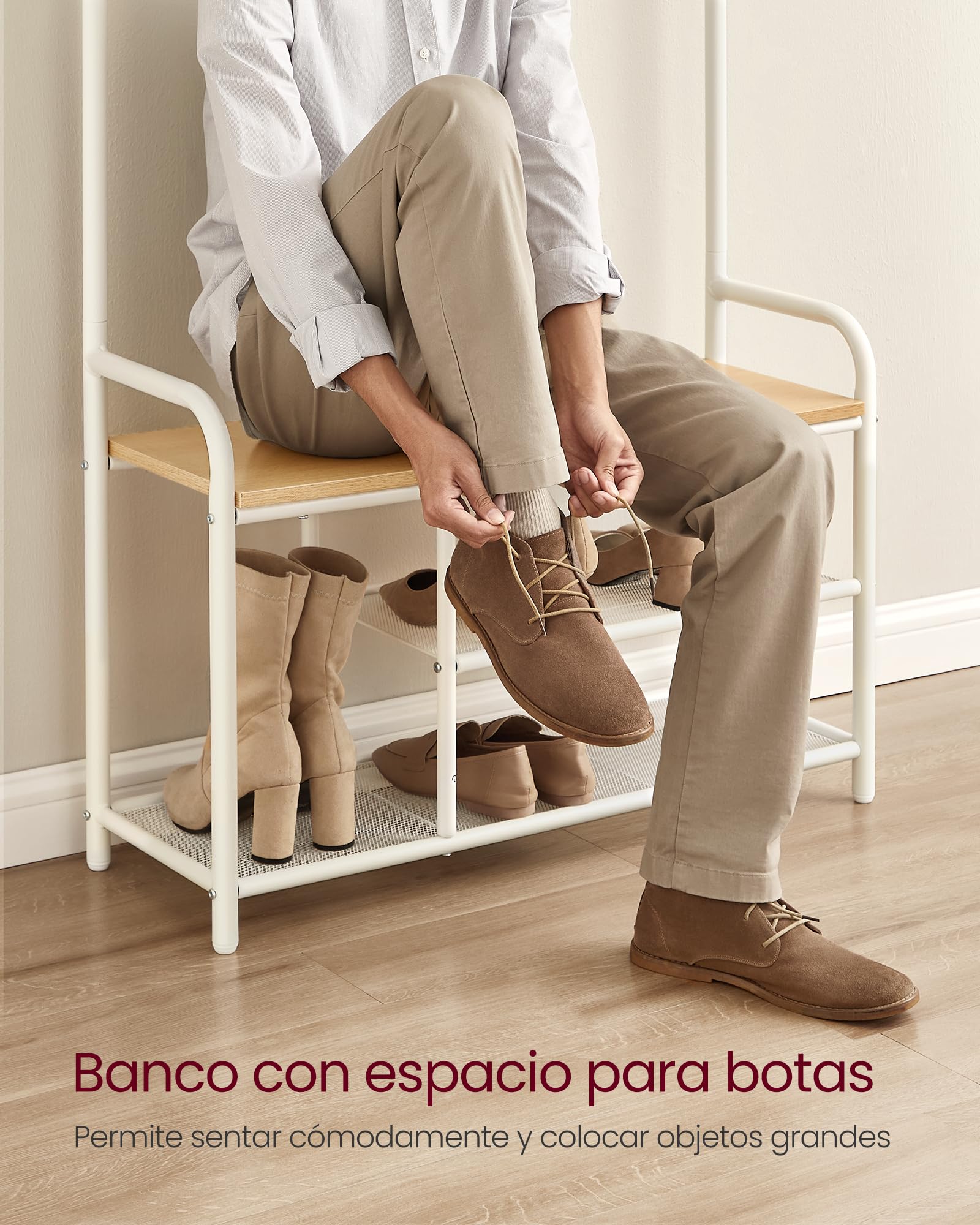 VASAGLE Perchero con Zapatero, 9 Ganchos Extraíbles, 30 x 85 x 180,5 cm | Mueble Recibidor, Banco, Estante, Tradicional, Pasillo, Dormitorio, Roble Dorado y Blanco Mate, Colección DACEY HSR409W09
