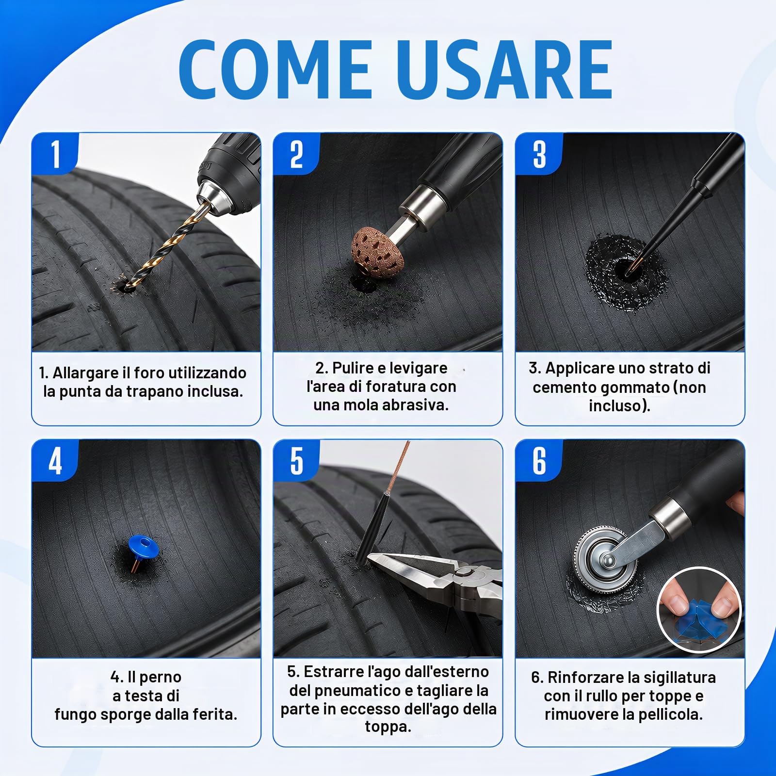 Kit di Riparazione Pneumatici, Set da 27 Pezzi per Auto Riparazione Gomme per Auto Camion Moto e Biciclette Set Multiuso di Tasselli e Toppe Tasselli a Fungo in Gomma e Strumenti di Inserimento