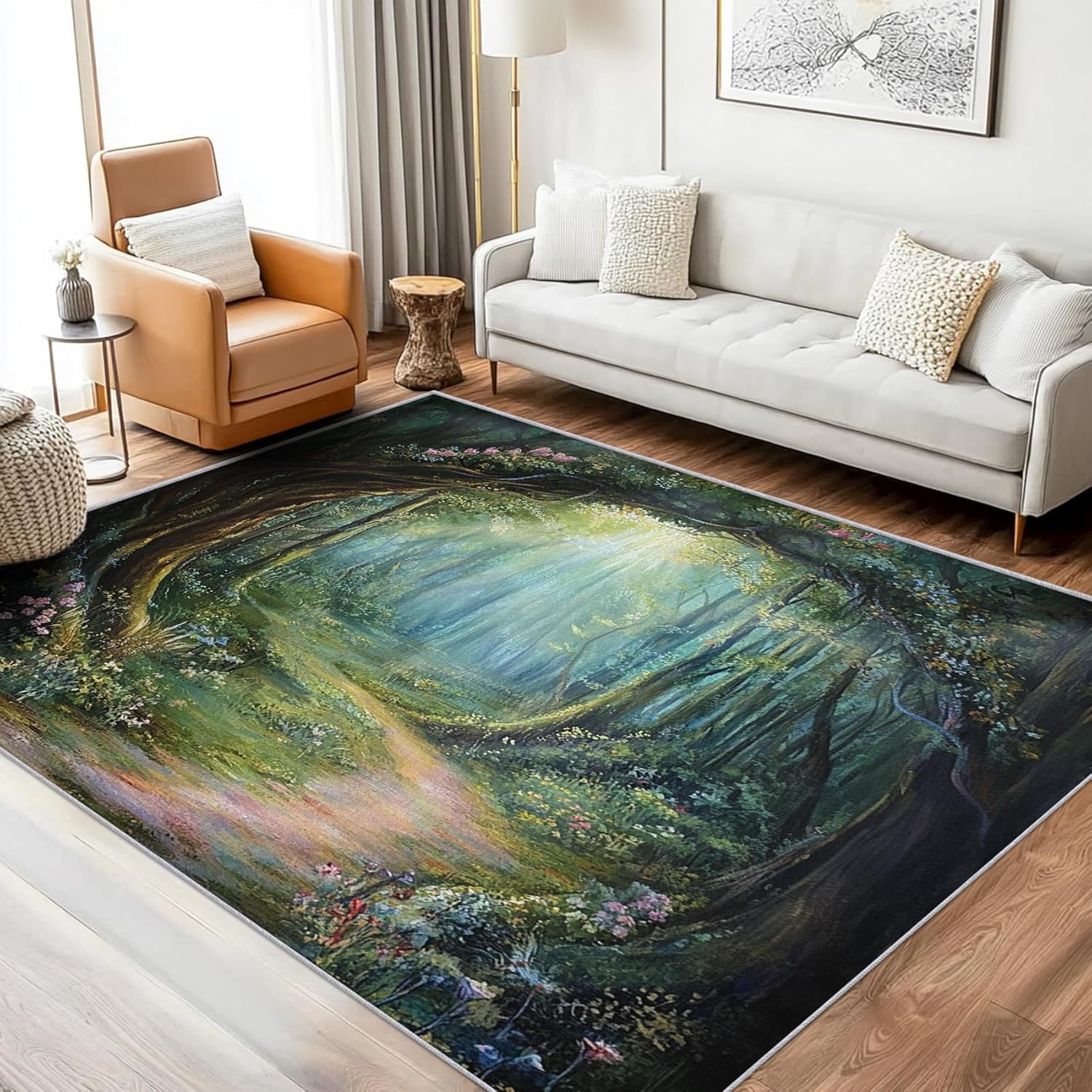 Enchanted Forest Rug 4x6, Washable Fantasy Landscape Rugs for Living Room Bedroom, Green Nature Woodland Area Rug for Home Decor, Non Slip Backing Floor Carpet with Gripper - 4 x 6 ft