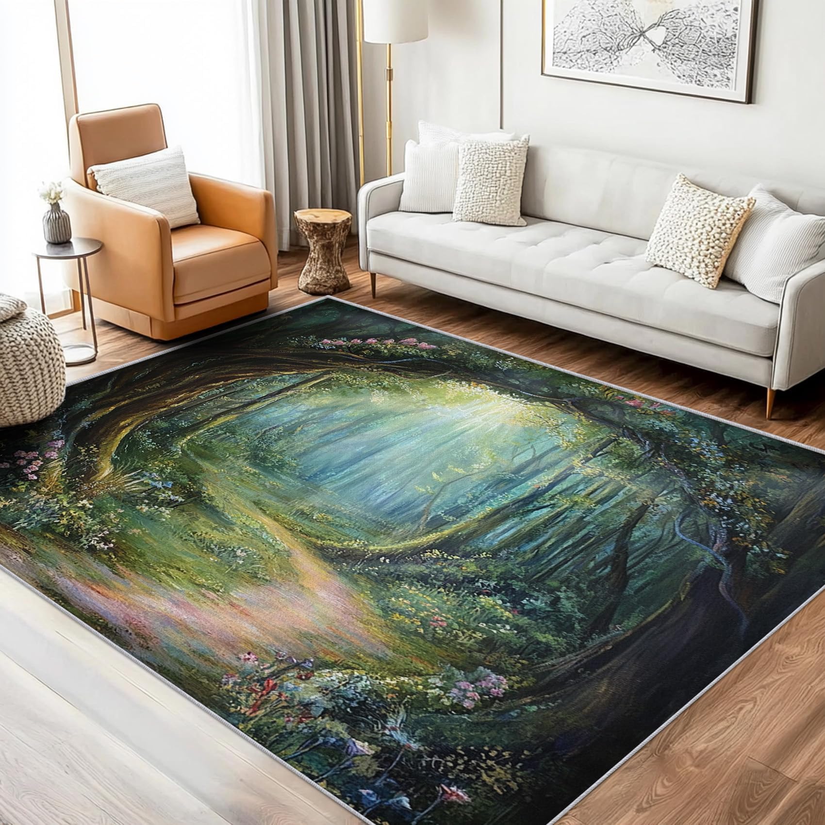 Enchanted Forest Rug 5x7, Washable Fantasy Landscape Rugs for Living Room Bedroom, Green Nature Woodland Area Rug for Home Decor, Non Slip Backing Floor Carpet with Gripper - 5 x 7 ft