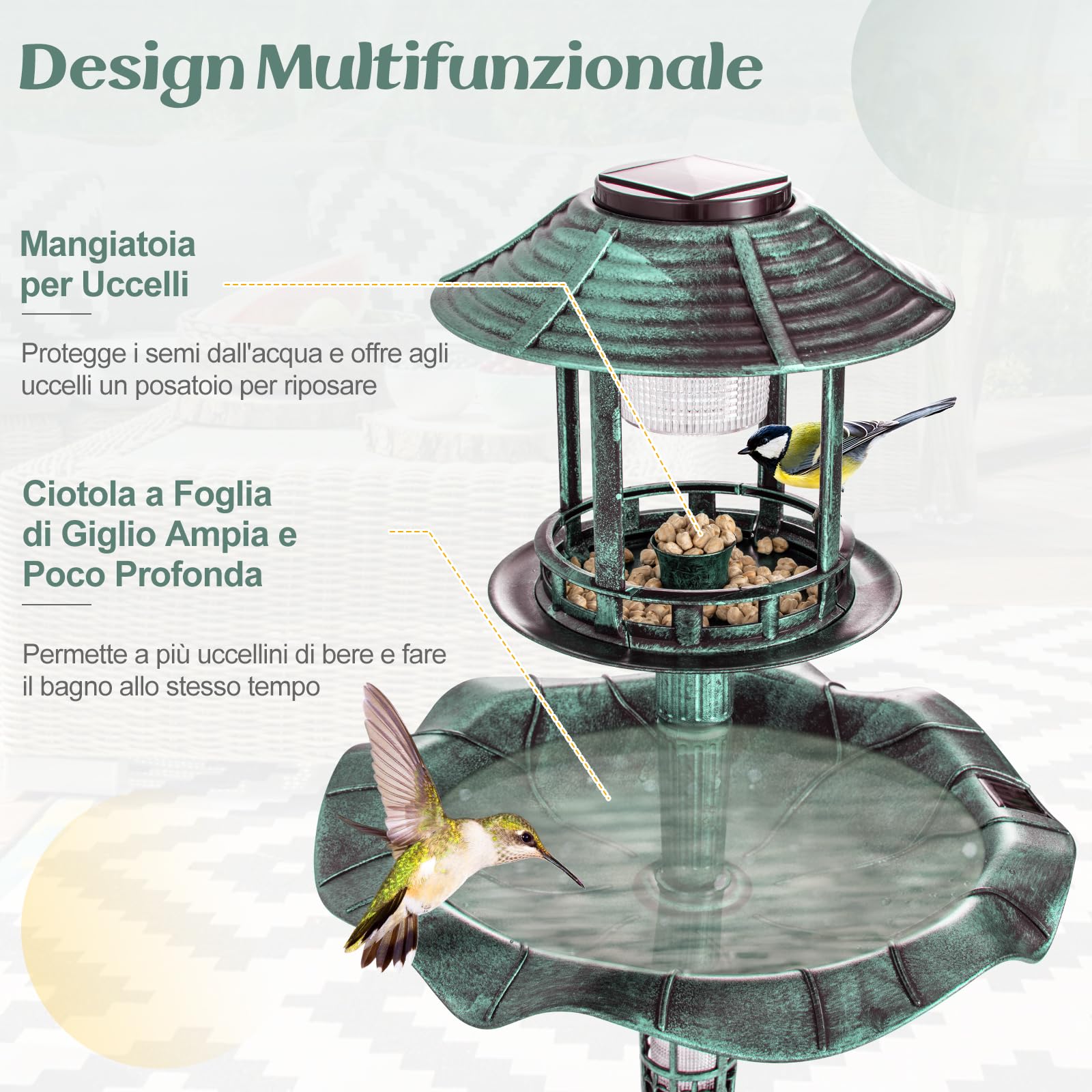 COSTWAY Vasca per Uccelli da Giardino a Energia Solare, Abbeveratoio e Mangiatoia per Uccelli da Esterno con 2 Lampade a Energia Solare, Fioriera e Supporto Riempibile (Verde)
