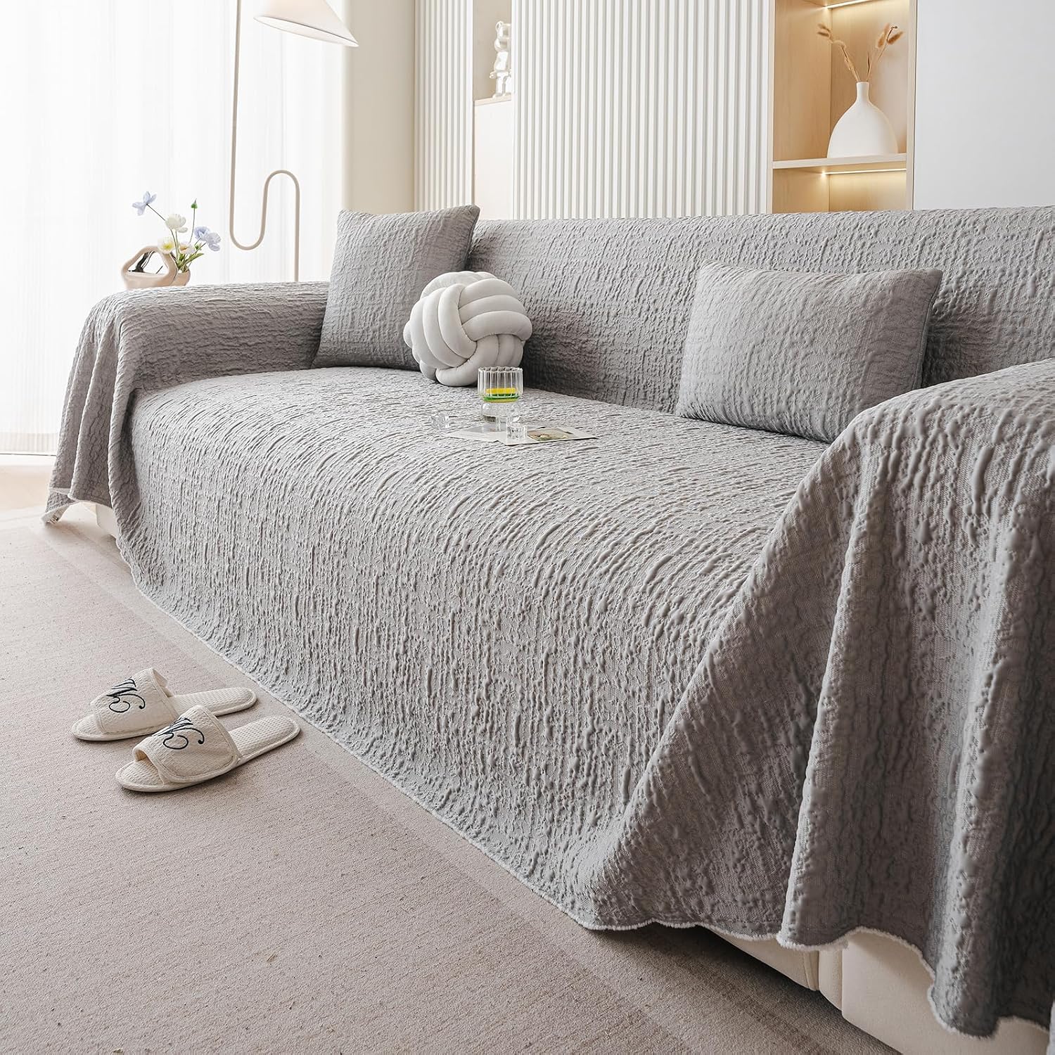 ROOMLIFE Ice Silk Cooling Dog Couch Covers for Sofa, Washable & Breathable Pet Sofa Protector, Durable Cooling Sofa Slipcover for Furniture, Soft Pet Friendly Couch Cover for Dogs, Grey 71"X118"