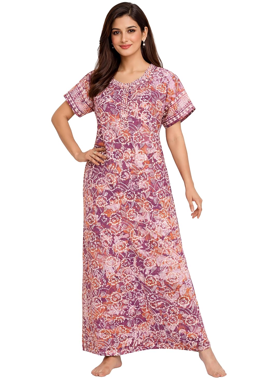 ZAYU Nighty| Nighty for Women Stylish| Cotton Nighty for Women| Night Gown for Women Stylish| Authentic Batik Style Print| 100% Pure Cotton| Maxi Length| Lounge & Sleep Wear| Short Sleeves|