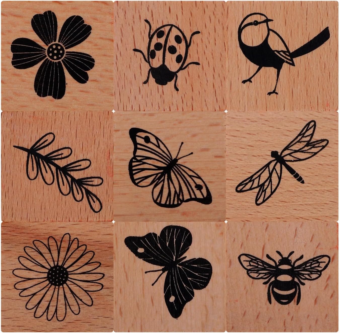 Ouligay 9PCS Wood Rubber Stamps Wooden Stamps for Crafting Butterfly Bird Ladybird and Plant Stamp Set for DIY Scrapbooking, Craft Cards, Gift Wrapping & Journal Art