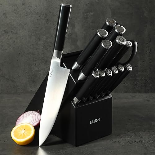 Miniatura 7 de Babish De alto carbono 1.4116 acero alemán 15 piezas completo espiga forjado cubiertos cuchillo de cocina bloque conjunto - negro