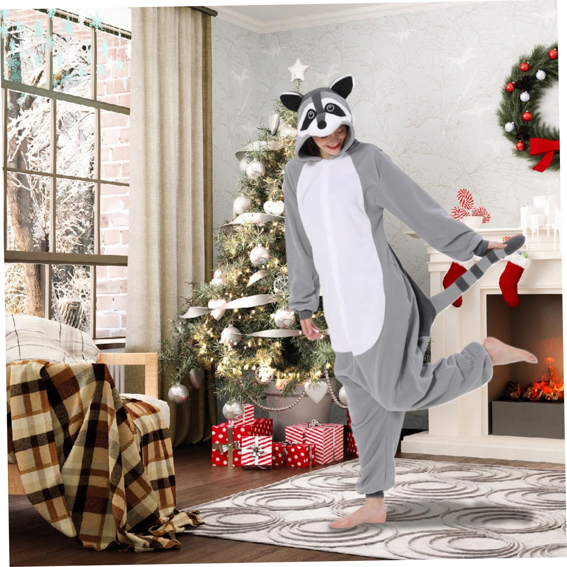 Mono de Mapache para Adulto Pijama de Mapache con Capucha y Cola Mono de Animal de Forro Polar con Cierre de botón Disfraz Lindo y térmico para Navidad, Halloween.