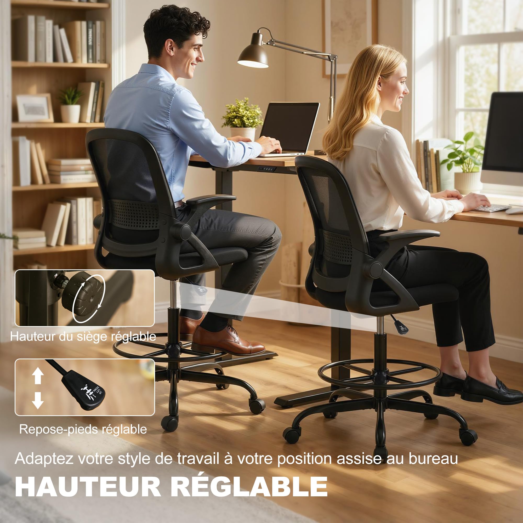 HOMCOM Chaise Bureau Ergonomique Haute, Accoudoirs Rabattables, Noir