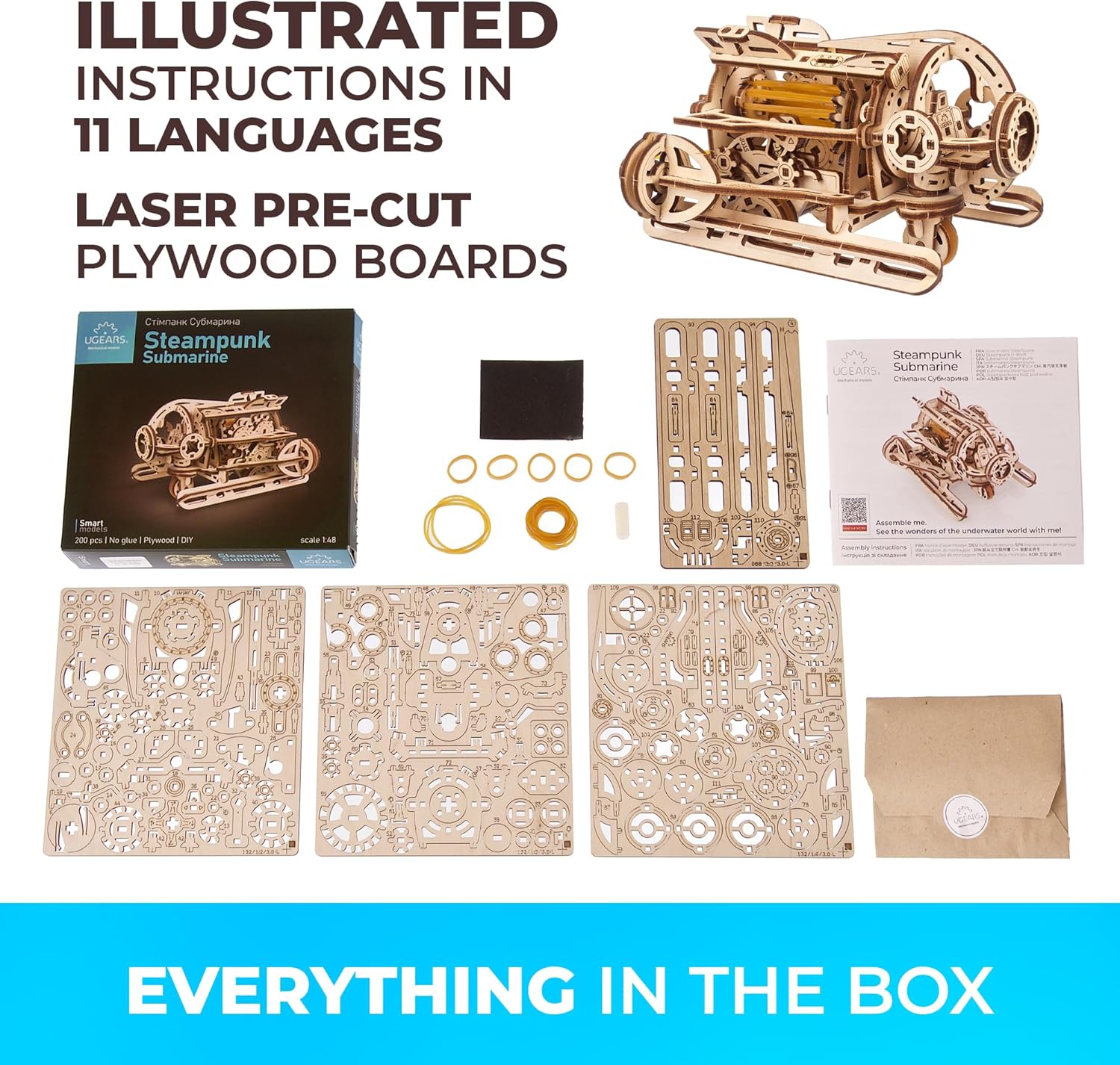 UGEARS 3D Wooden Puzzles for Adults - Steampunk Submarine Wooden Model Kit – Mechanical Puzzle Model Building Kits - DIY Kits for Adults for Maritime Enthusiasts Gifts for Puzzle Lovers - 200 Pcs