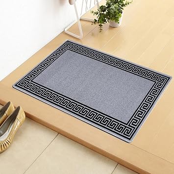 Door Mats Inside Non Slip Super Absorbent Heavy Duty Washable Bath Mat - Jute Back Floor Mats for Kitchen Office Chair Front Doormat Indoor | 40 X 60 cm - Greekey Silver & Black