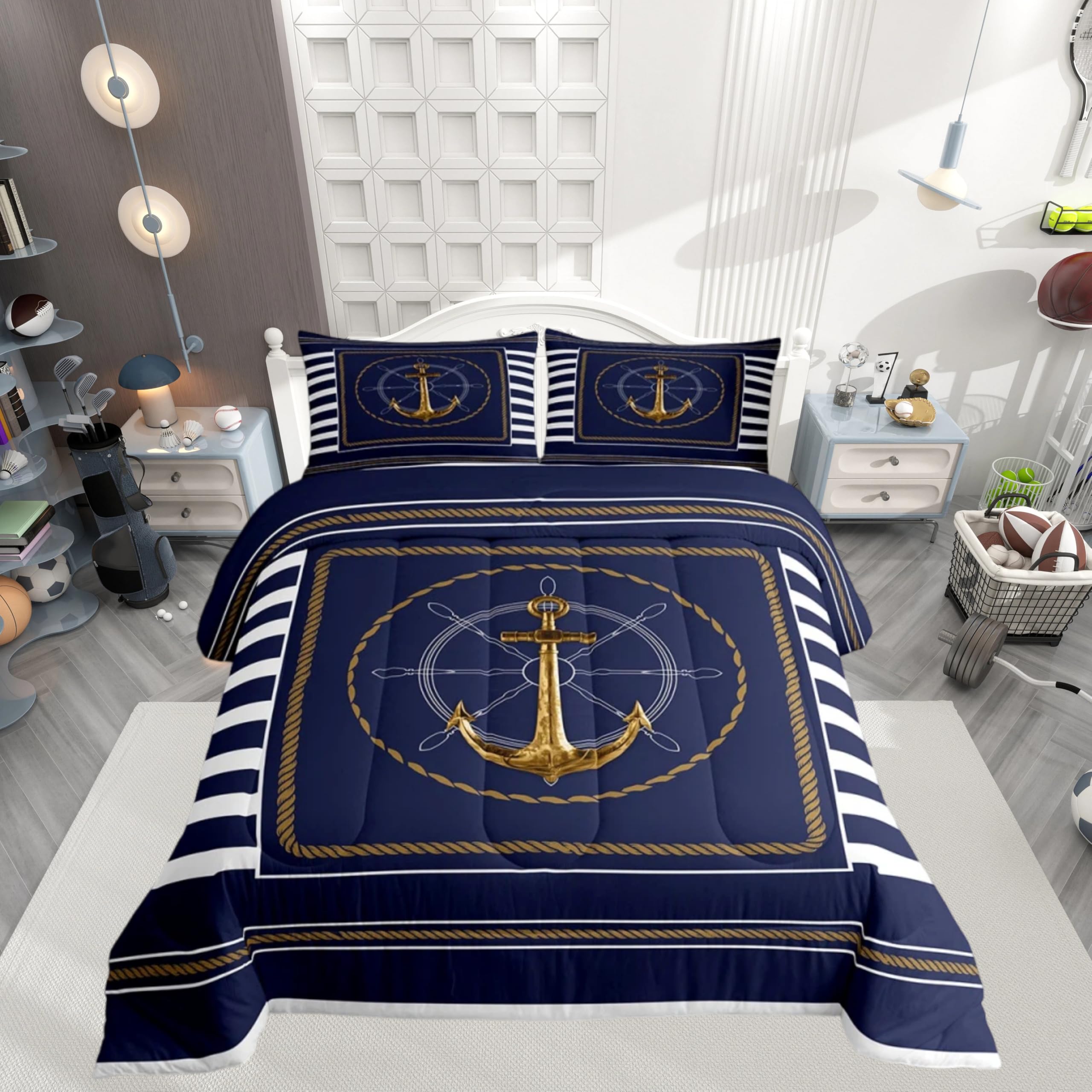 Feelyou Anchor Decor Comforter Set Queen Size Nautical Themed Bedding Set for Boys Girls Teens Ocean Comforter Sea Adventure Duvet Set Navy Blue Quilt