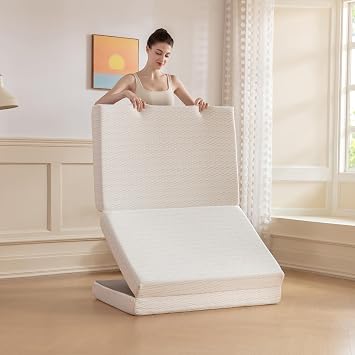 MLILY Foldable Mattress, 4 Inch Twin Tri Fold Memory Foam Mattress Topper, Floor Bed with Washable Cover for Camping, RV Travel and Guest Sleeping Mat, 75"38"4", White