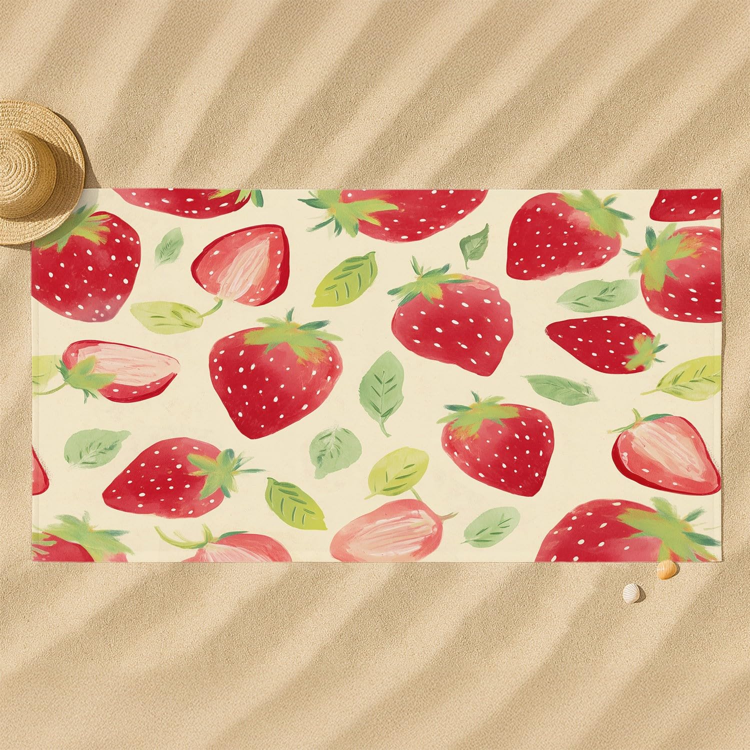 Générique Serviette de Plage Microfibre 200 x 100 CM,Drap de Plage Rustique, Campagne, Dessiné à la Main, Couverture de Plage Absorbante,Couverture de Bain Fraise Rouge