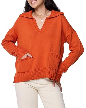 Womens Casual Knit Pullover Sweater V Neck Collar Long Sleeve Loose Fit Tops with Front Pockets Fall Fashion