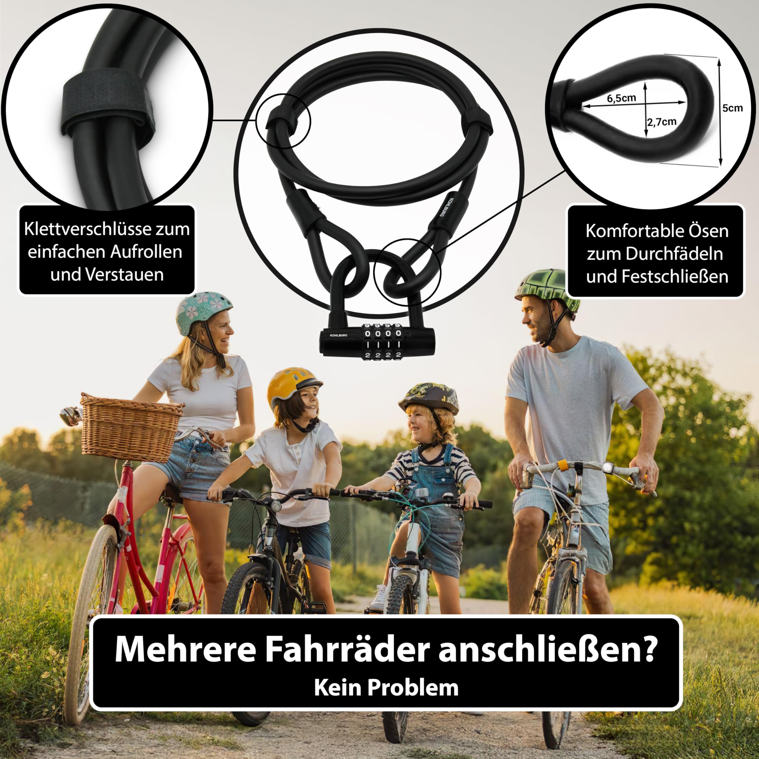 KOHLBURG Kabelschloss 2 Meter lang mit Zahlenkombination - 200cm Zahlenschloss - Stahlseil Schloss mit Klettverschlüssen - Stahlkabel, mit Zahlencode für Fahrrad Gartenmöbel & Fahrradschloss