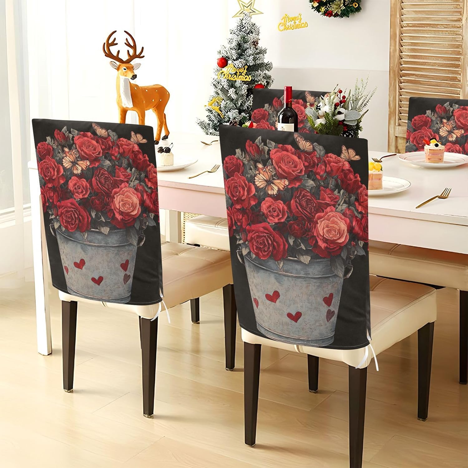 ALAZA Red Roses Hearts Butterfly Chair Back Cover Set of 6, Washable Reusable Removable Chair Slipcovers Decorative Chair Cover for Home Kitchen Wedding Party
