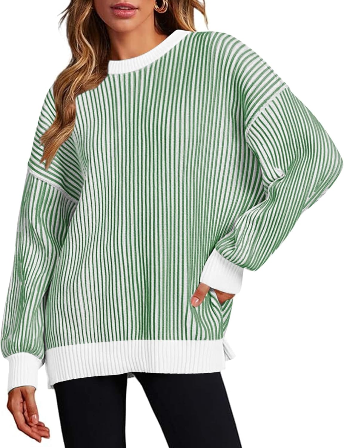 Zeagoo Women 2025 Fall Lightweight Oversized Sweater Crew Neck Long Sleeve Color Block Pullover Rib Knit Blouse Tops XS-2XL