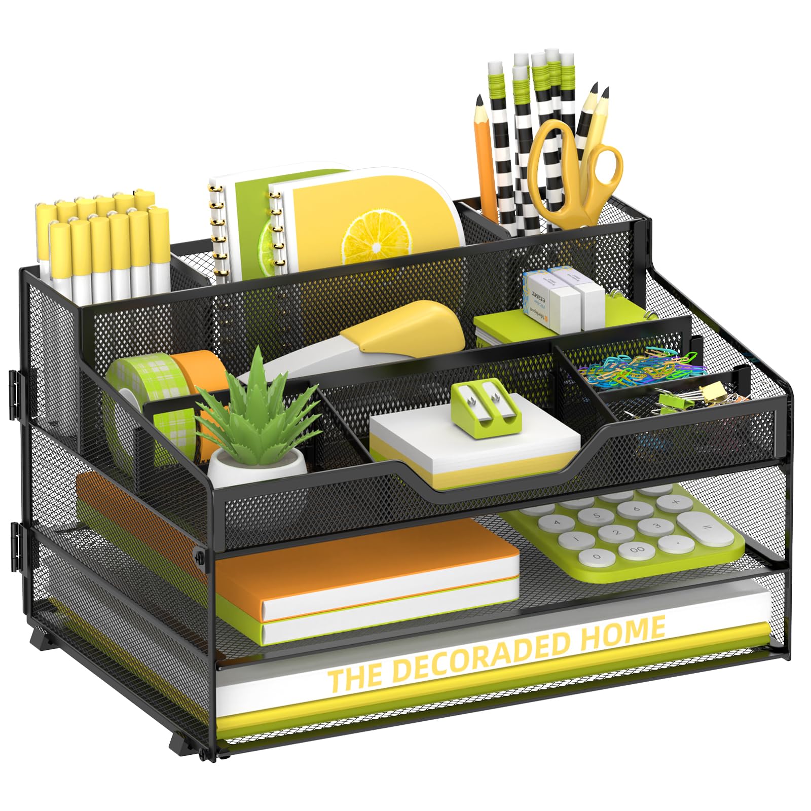 SUPEASY 3 Tier Desk Organizer, Mesh Letter Tray Paper Organizer with 5 Adjustable Storage Compartments & Pen Holder, Metal Desk Accessories for Home Office School, Black Black 13.6" x 9.4" x 2.3"