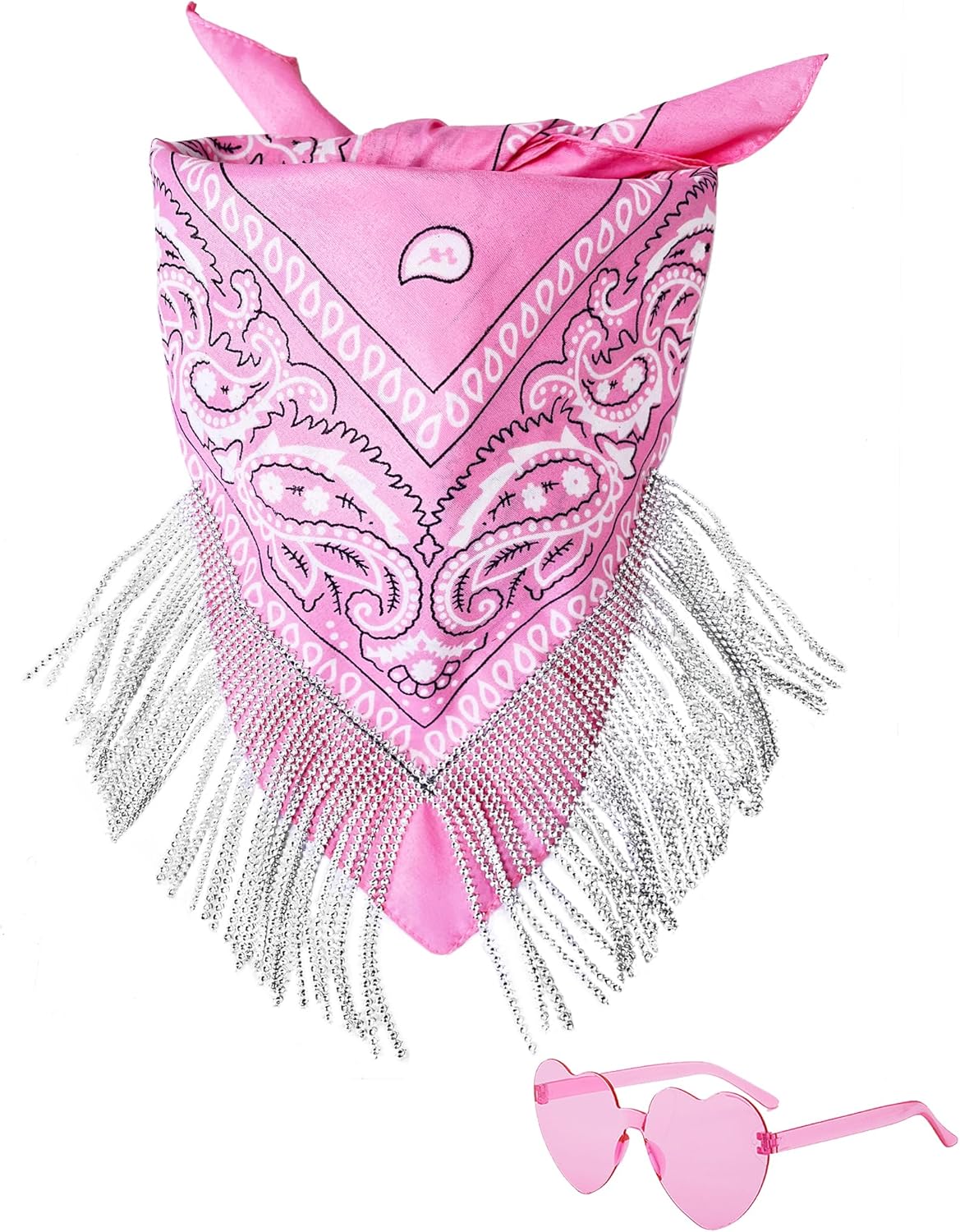Fringe Rhinestone Bandana with Heart Sunglasses, Disco Cowgirl Boy Paisley Pattern Face Mask Square Scarf Headwear
