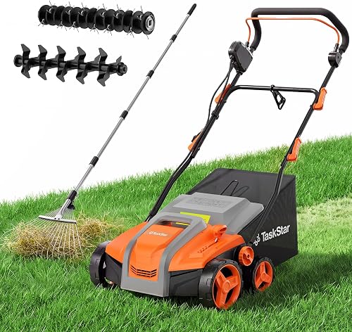 TaskStar Dethatcher and Scarifier, 16 Inch Lawn Dethatcher with Thatch Rake