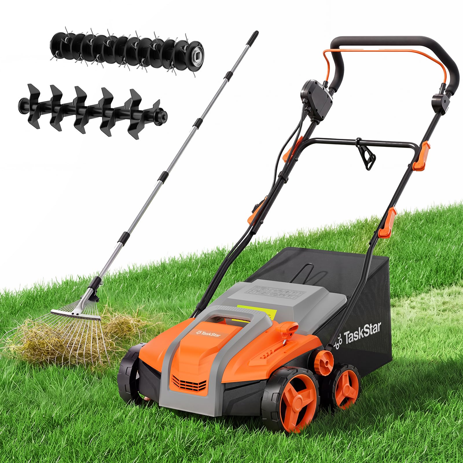 TaskStar Dethatcher and Scarifier, 16 Inch Lawn Dethatcher with Thatch Rake