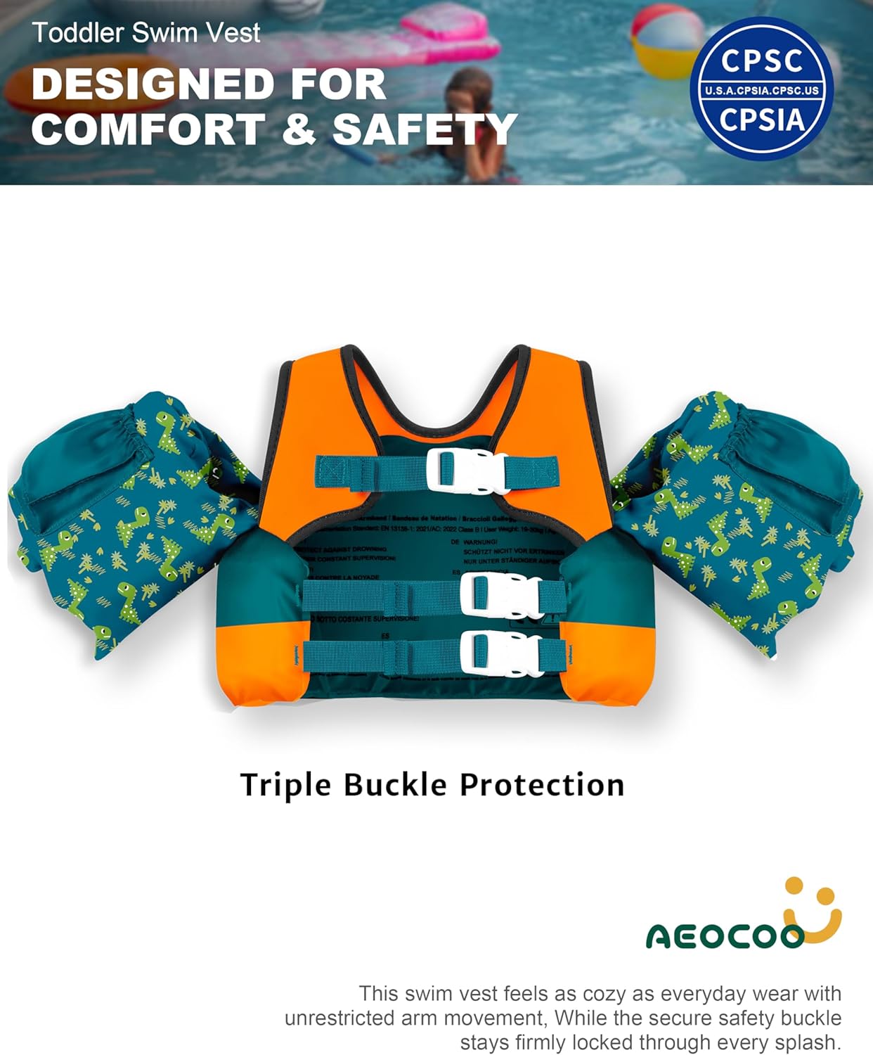 Puddle Float Jumper 20-30-50-60-70 Pounds, Toddler Swim Vest for 1-3-5-6-9 Years Old, Pool Floats with Swimming Arm Floaties Swim Jacket & Water Wings for Kids Swimmies, Boys, Girls, Niños Cool-Dino Fit 3-5-6-9 Years, 30-50-60-70 lbs