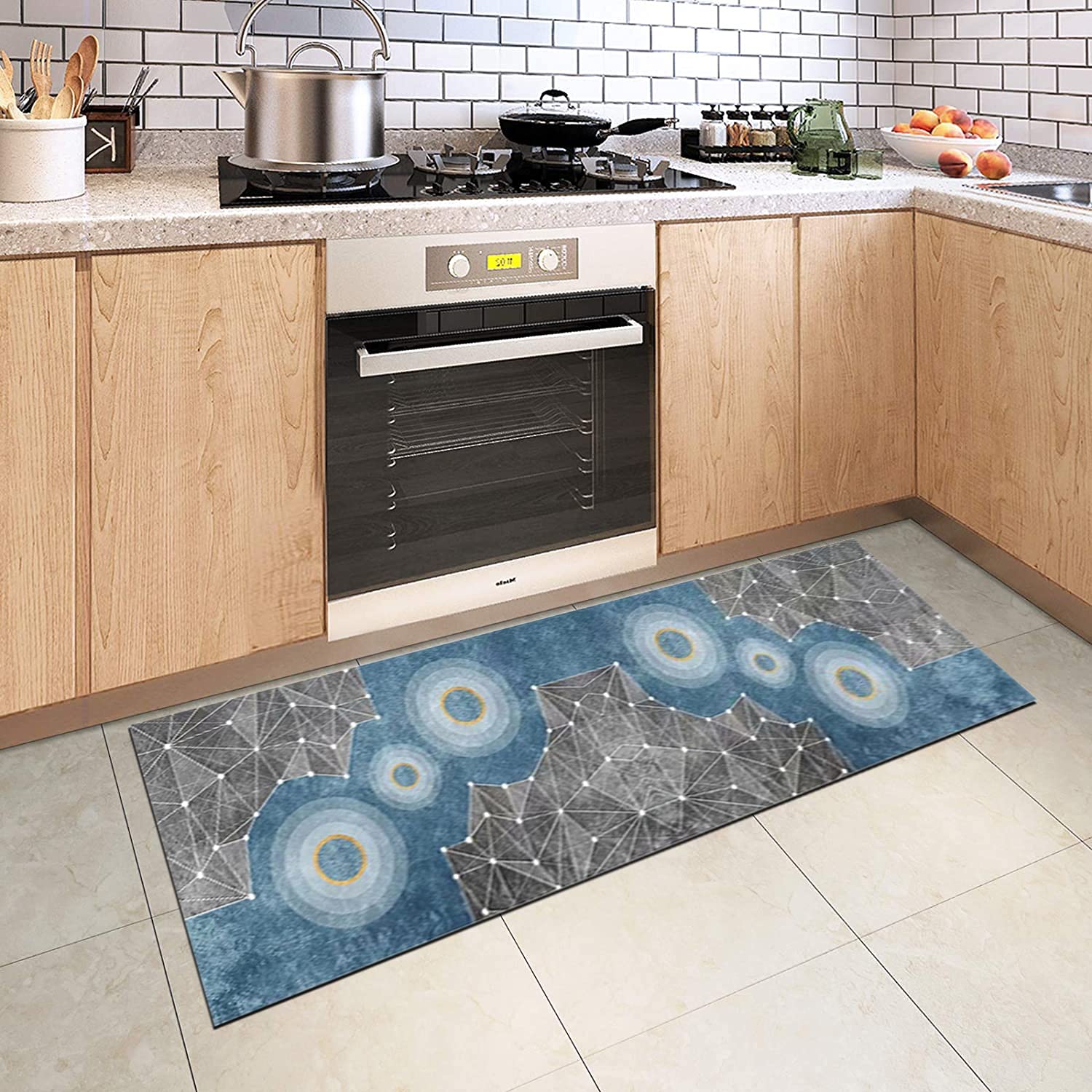 Tappeto Passatoia Cucina Antiscivolo Lavabile 90x140cm 3D Ingresso Tappeto Runner Corridoio Blu Grigio, Dimensioni Personalizzabili