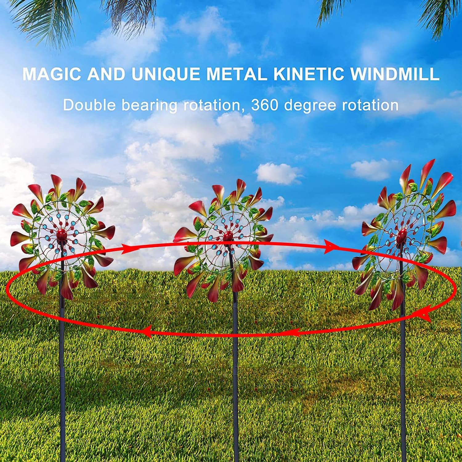 83in Metal Windmill Kinetic Wind Spinners Solar Powered Glass Ball with Kinetic Wind Spinner Large