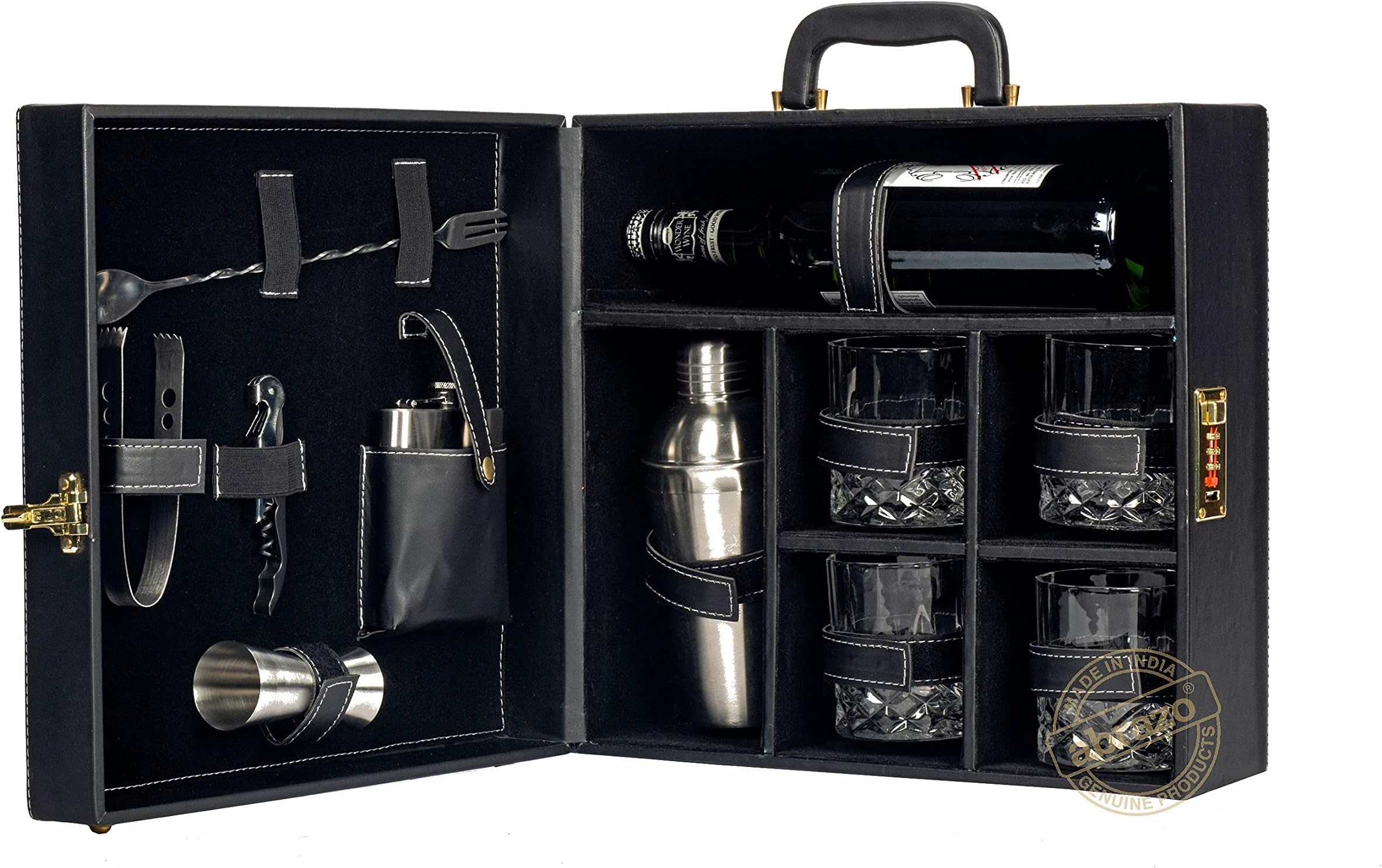 Abrazo Faux Leather Portable Bar Set | Portable Bar Set | Bar Tool Set | Bartender Kit | Black 4 Glass | Cocktail Shaker | Barset for Picnic | Gifting | Gifting for Men