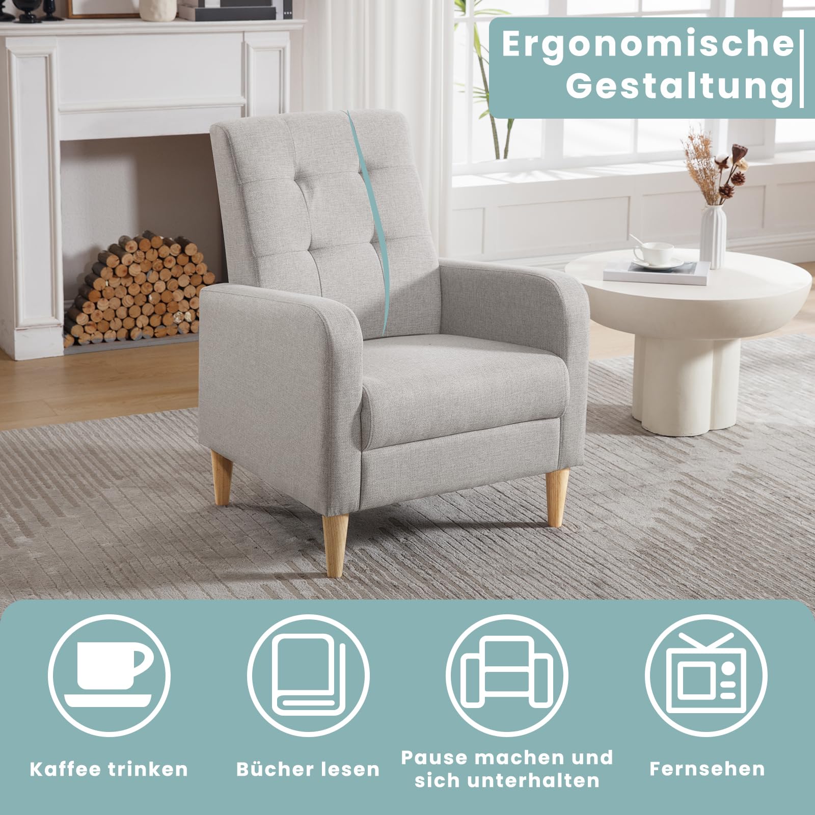 WOLTU Ohrensessel, mit Armlehnen Massivholzbeinen, Sessel Wohnzimmer, Schlafzimmer, Balkon, modern, Leinenbezug, Hellgrau