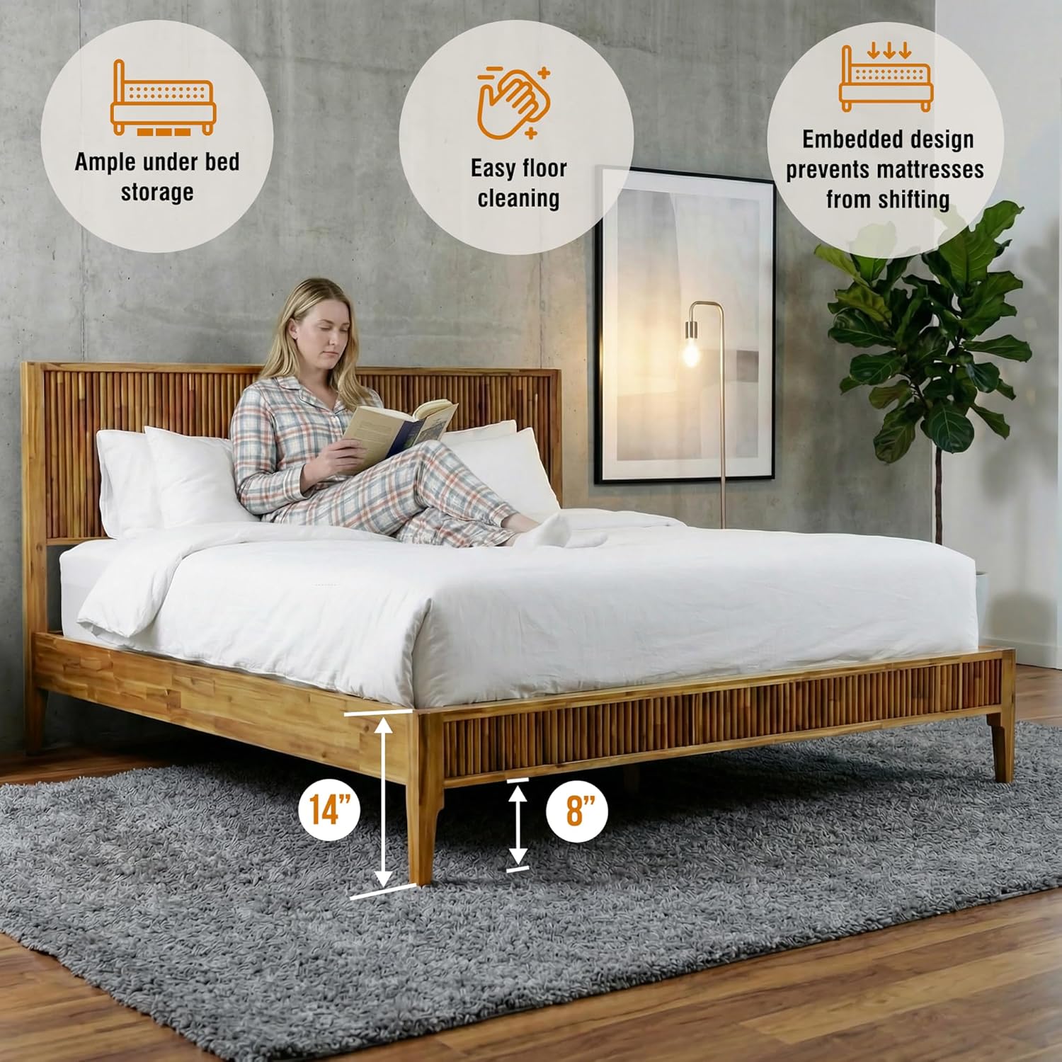 Bosk Queen Bed Frame with Headboard, Solid Acacia Wood Platform Bed, No Box Spring Need, Fluted Mid-Century Modern, Easy Assembly, Support Legs, Compatible with 8-12-14" Mattress Thickness, Oak