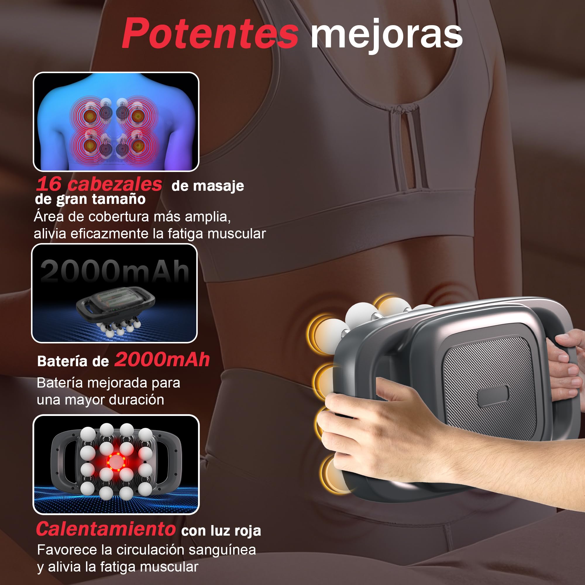 Pistola de Masaje Muscular de 16 cabezales, con 3 Modos y 30 Velocidades Ajustables, Masajeador con Luz Roja para Aliviar la Tensión Muscular y La Fatiga para Espalda, Cintura, Muslos