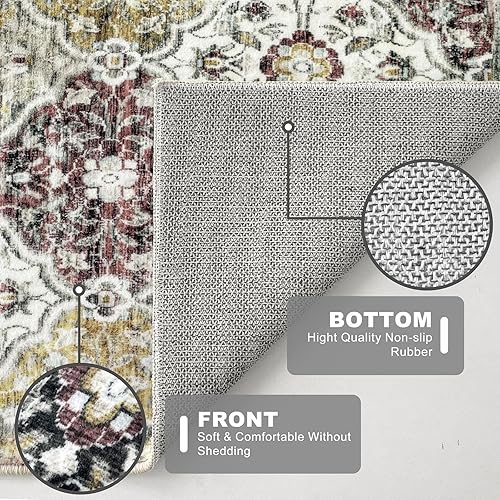Miniatura 3 de KILOCOCO Alfombra marroquí para pasillos de 2 x 6 pies, diseño floral vintage, lavable, alfombra antideslizante de 6 pies, alfombra bohemia