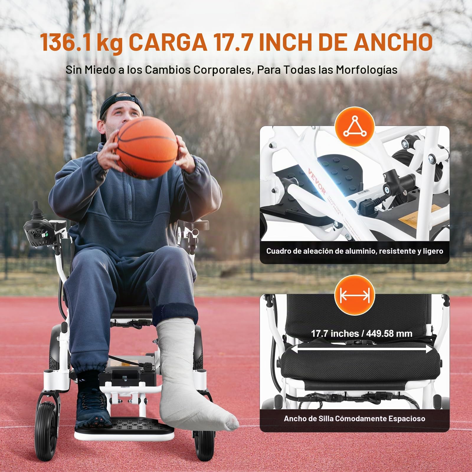 VEVOR Silla de Ruedas Eléctrica para Adultos Mayores, Capacidad de Peso de 136,08 kg, 449,58 mm de Ancho, Sillas de Ruedas Motorizadas Plegables y Livianas, Alcance de Hasta 20 km, 930 x 590 x 940 mm