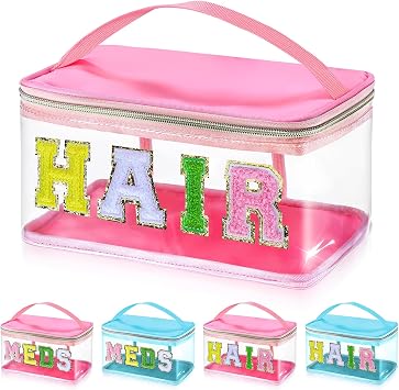 Chenille Letter Clear Makeup Bags, Preppy Hair Makeup Bag, Pink | Portable Transparent Travel Cosmetic Bag, Pouch with Handle Zipper, Waterproof TPU Toiletry Storage Bag for Women Girl