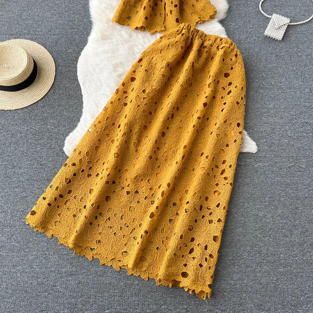 Conjunto de dos piezas de encaje con cuello con volantes y falda plisada midi para mujer