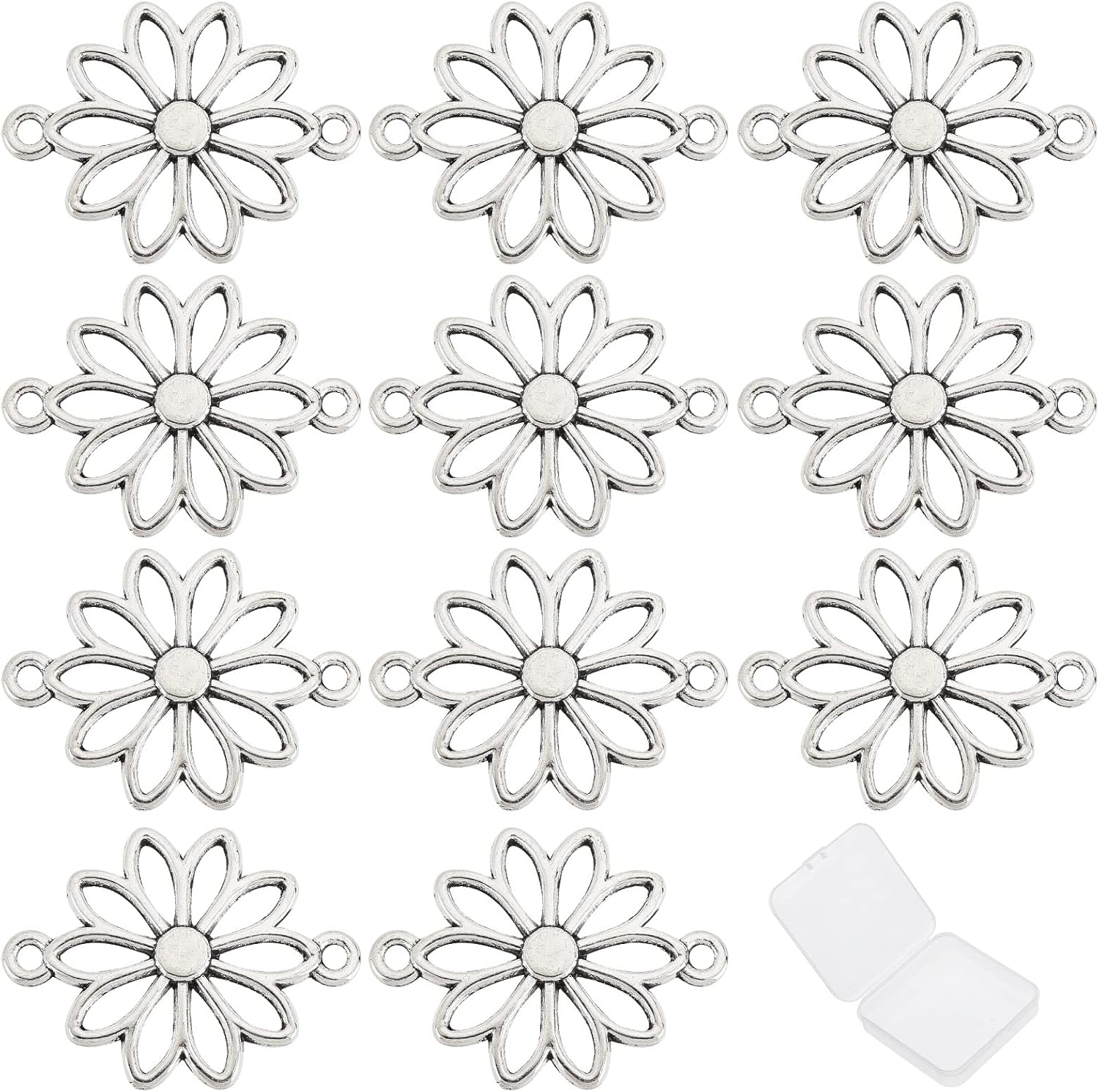 SUNNYCLUE 1 Box 50Pcs Flower Connector Charms Hollow Flower Charm Daisy Two Loop Double Sided Alloy Links Connectors Linking Charms for Jewelry Making Charms Bracelet Earrings Supplies Adult Women