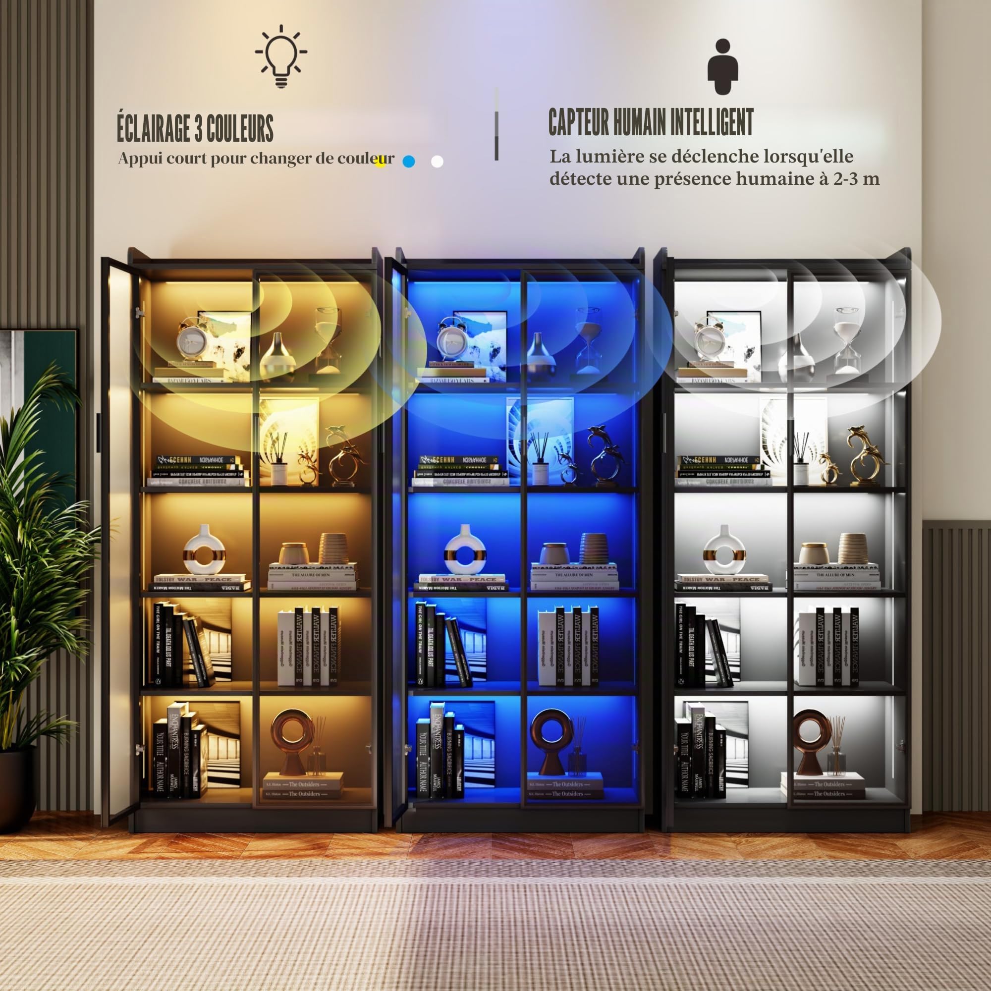 FREDEES Vitrine avec éclairage LED - Vitrine de collection à 5 étages avec capteur intelligent - Vitrine sur pied en acrylique avec étagères réglables - Pour salon, bureau - Noir