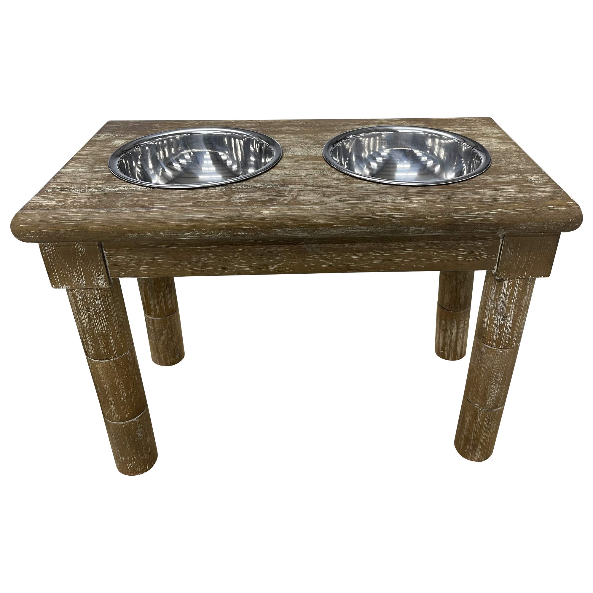 828 Pet Supplies | Adjustable Dog Feeder - 3 Height Levels - Aluminum Bowls - Washed Oak Finish - Farm House Pet Supplies - 16