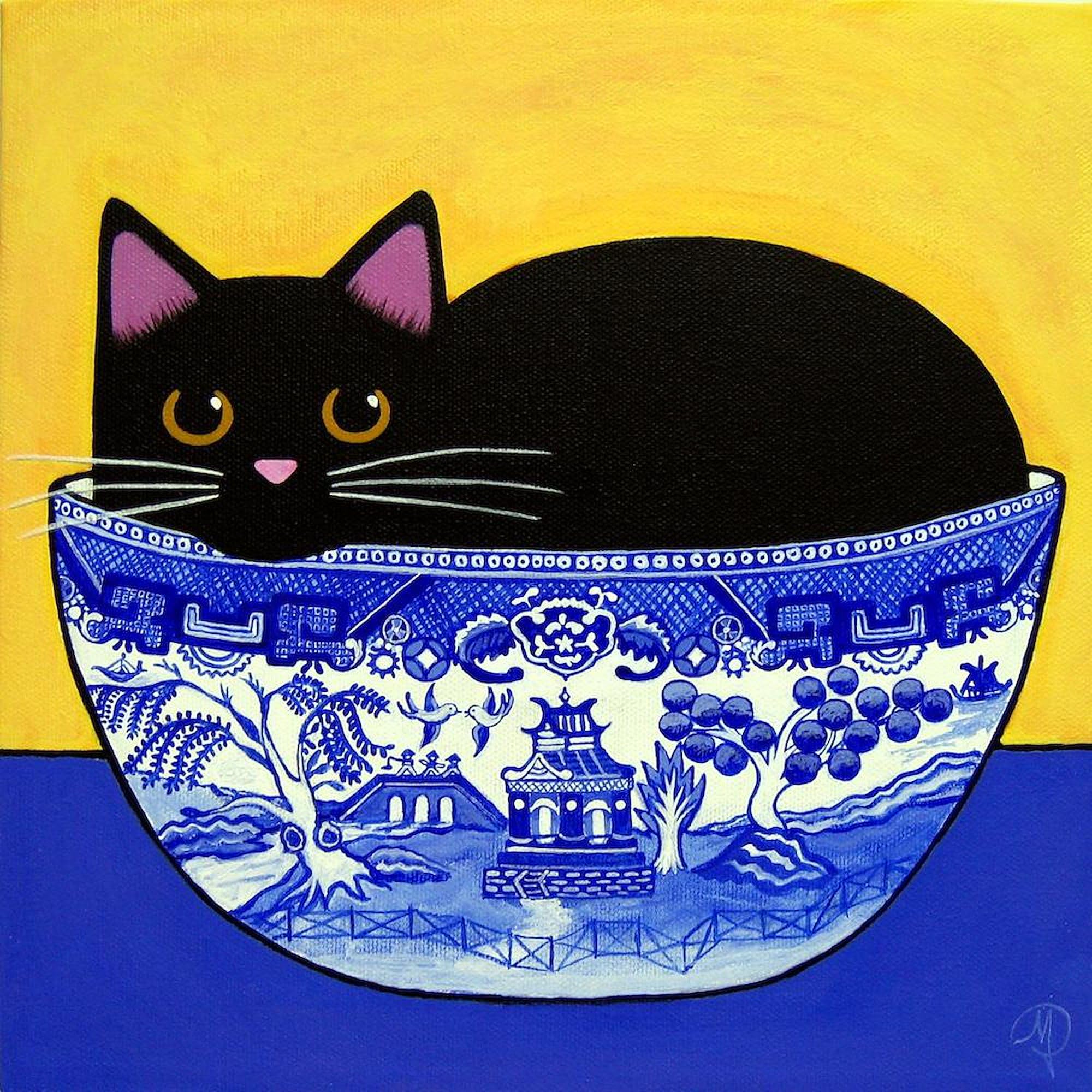 CafePress Black CAT Blue Willow Bowl Folk ART Unique Decorative 10