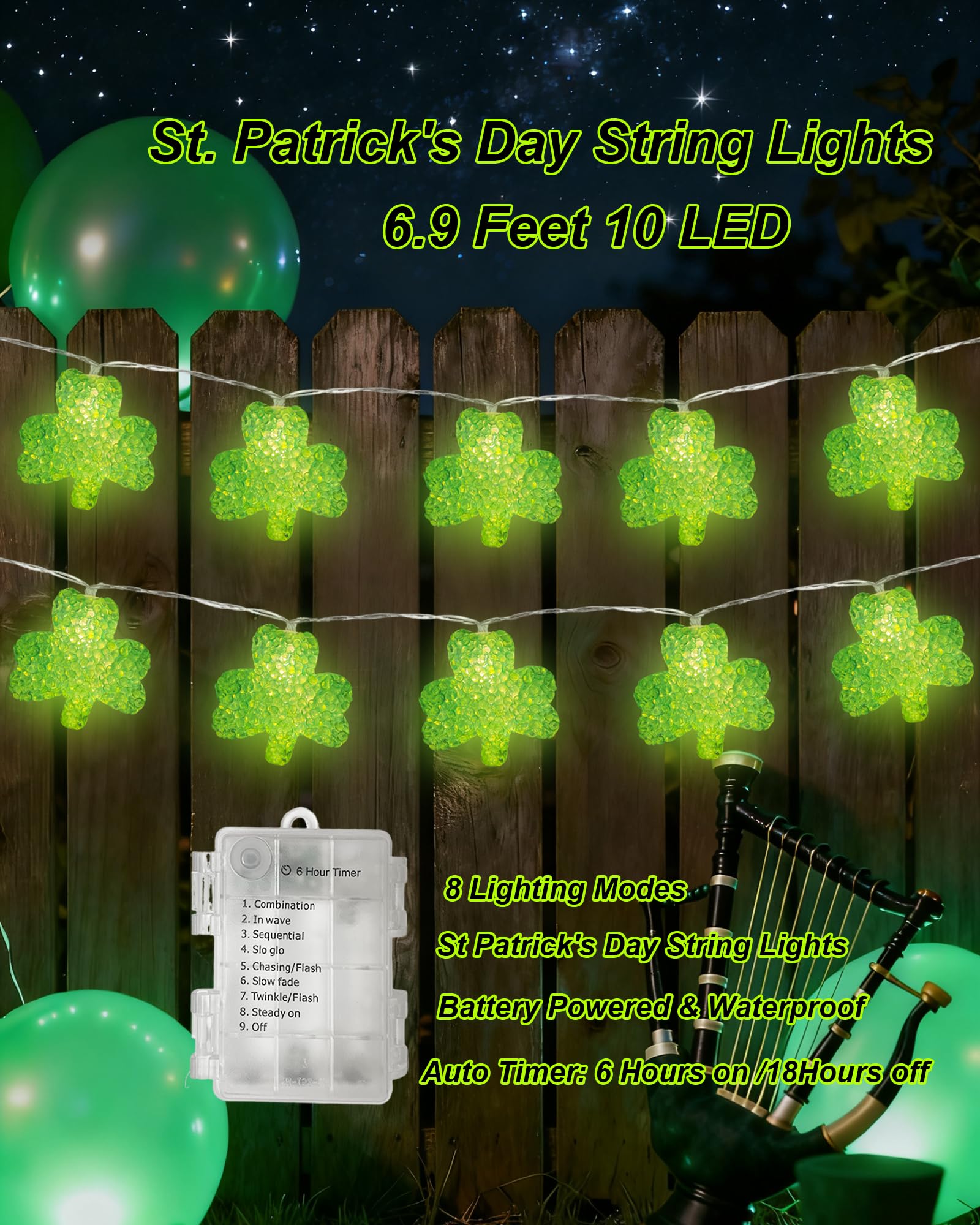 Łańcuch świetlny na Dzień Świętego Patryka, 10 diod LED, koniczyna, łańcuch świetlny z timerem, szczęśliwa koniczyna, łańcuch świetlny na Dzień Świętego Patryka, do wewnątrz, na zewnątrz