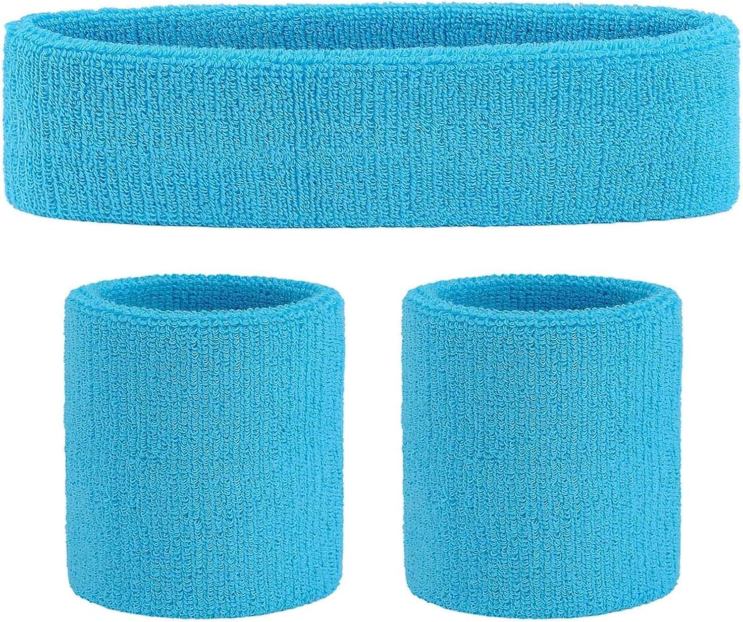 3 Pcs Mens Women Sports Headband Wristbands Set,Unisex Elastic Breathable Sweatband Exercise Non-Slip Protective Headband Wrist Guard Travel Comfortable Anti-Sweat Head Band Wristbands (Blue)